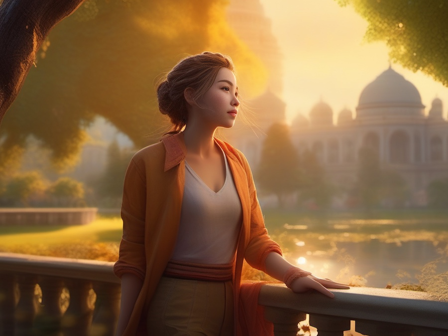 A stylish woman in a white top and orange cardigan gazes over tranquil waters and domes, her look accentuated by chic leather loafers.