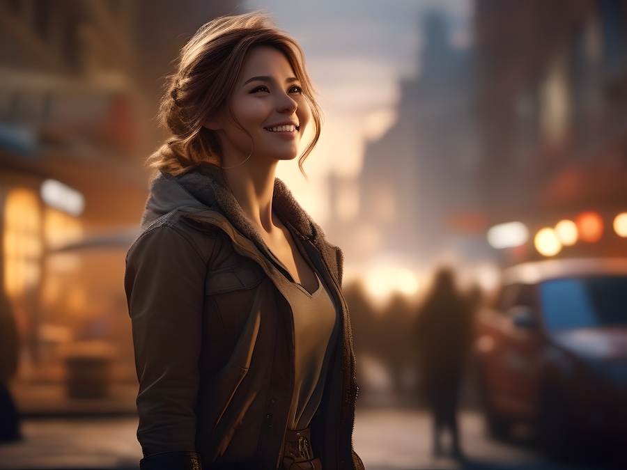 A joyful woman in a chic jacket and top, her hair effortlessly tied up, stands on a bustling street aglow with shop lights and the setting sun. #StreetStyle #EveningGlow