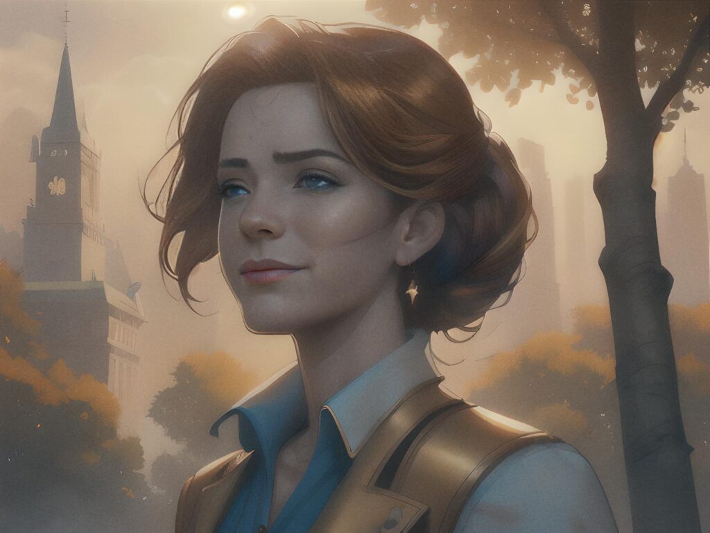A chic woman with an elegant updo, styled in a collared shirt and vest, stands before a clock tower and peaceful cityscape; timeless style meets serene sophistication.