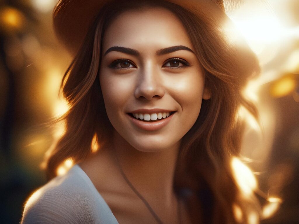 A radiant young woman with long, wavy hair dons a chic hat and white top, set against a softly blurred backdrop of warm golden light. A vision of effortless style!