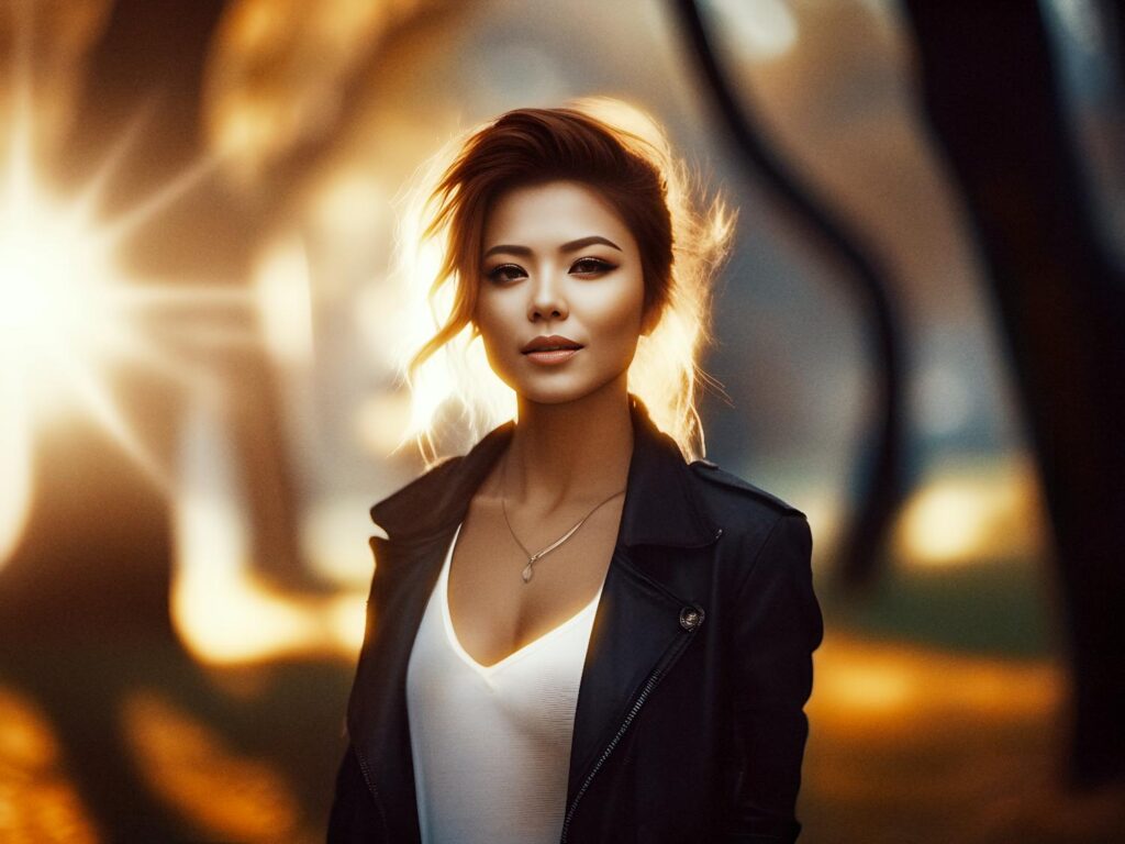A woman with chic short hair stands confidently outdoors at sunset, donning a black leather jacket over a white top and accessorized with a stylish necklace. The warm sun and blurred trees create a stunning, golden backdrop.