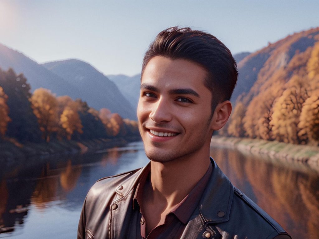 A young man with short, dark hair smiles confidently at the camera, wearing a chic leather jacket. He stands in front of a tranquil river with vibrant autumn foliage and majestic mountains under a clear blue sky—perfect for celebrating his elevated travel style.