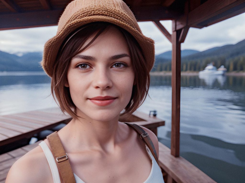 A woman in a stylish hat and white tank top stands on a lakeside dock, exuding chic serenity. Mountains and a boat form the tranquil backdrop.