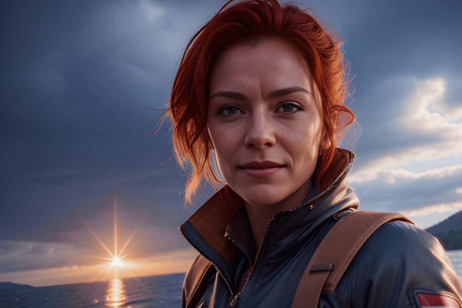 A person with chic short red hair in a stylish dark BOSS jacket stands against a serene sunset backdrop, light brown straps accentuating their look. A Samsonite travel bag at their feet completes this elegant, on-the-go fashion statement.