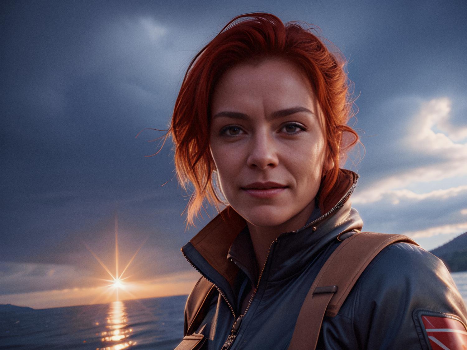 A person with chic short red hair in a stylish dark BOSS jacket stands against a serene sunset backdrop, light brown straps accentuating their look. A Samsonite travel bag at their feet completes this elegant, on-the-go fashion statement.
