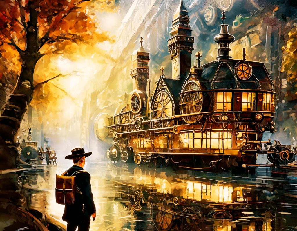 The Ultimate Collection of Filson Tin Cloth Bags A stylish individual with a rugged Filson backpack stands before a majestic steampunk ship, glowing in autumn's golden light. A whimsical blend of fashion and fantasy.