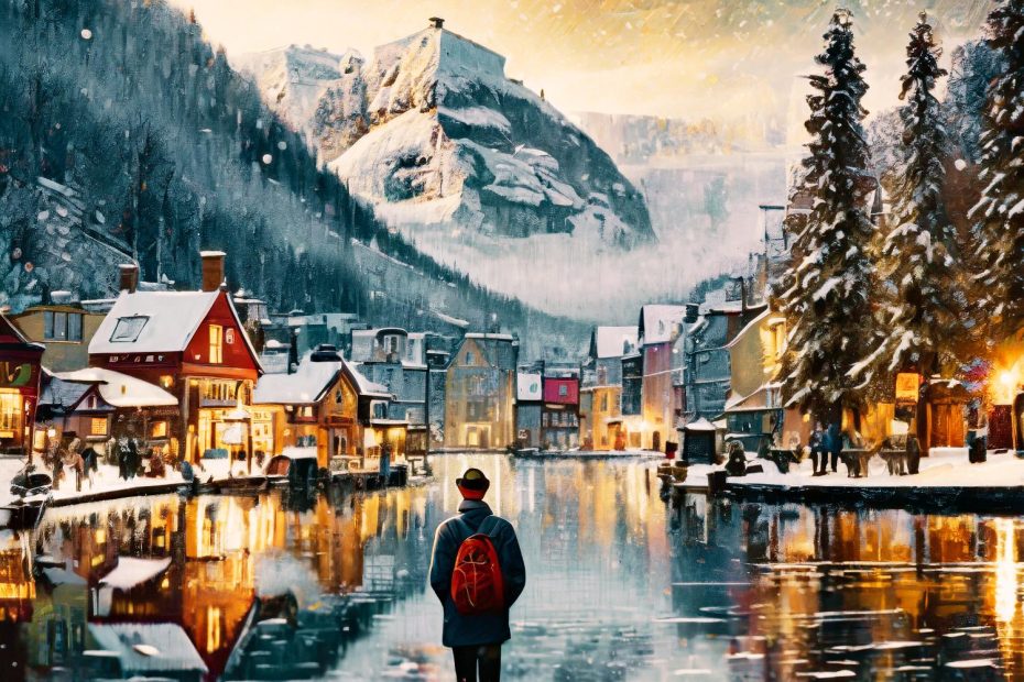 A stylish traveler totes a chic Filson Tin Cloth Bag through a dusk-kissed, snowy village. Colorful buildings with snow-laden roofs glow warmly, the serene lake and towering mountains adding serenity.