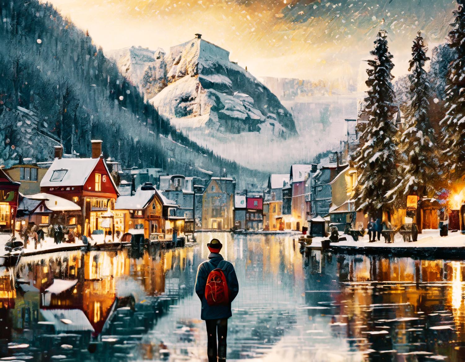 A stylish traveler totes a chic Filson Tin Cloth Bag through a dusk-kissed, snowy village. Colorful buildings with snow-laden roofs glow warmly, the serene lake and towering mountains adding serenity.