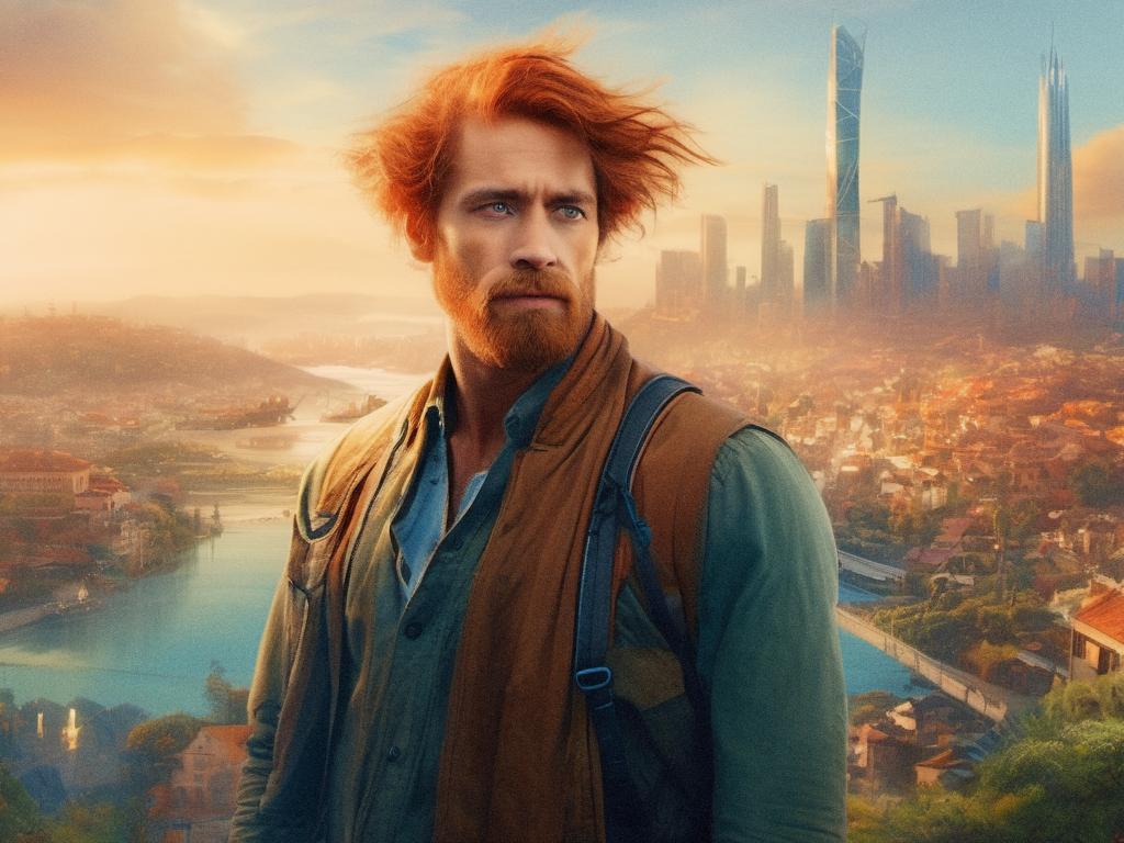 A bearded individual with tousled red hair exudes style in a green shirt and brown vest, holding the chic Tumi Bravo Barstow bag. A cityscape and sunset river form the stunning backdrop.