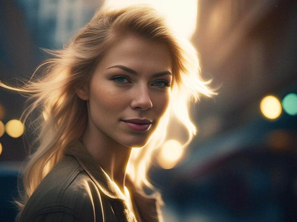 A young woman with long blonde hair smiles softly, bathed in city dusk glow. Her green jacket and trendy transformer backpack steal the show. #StreetStyle