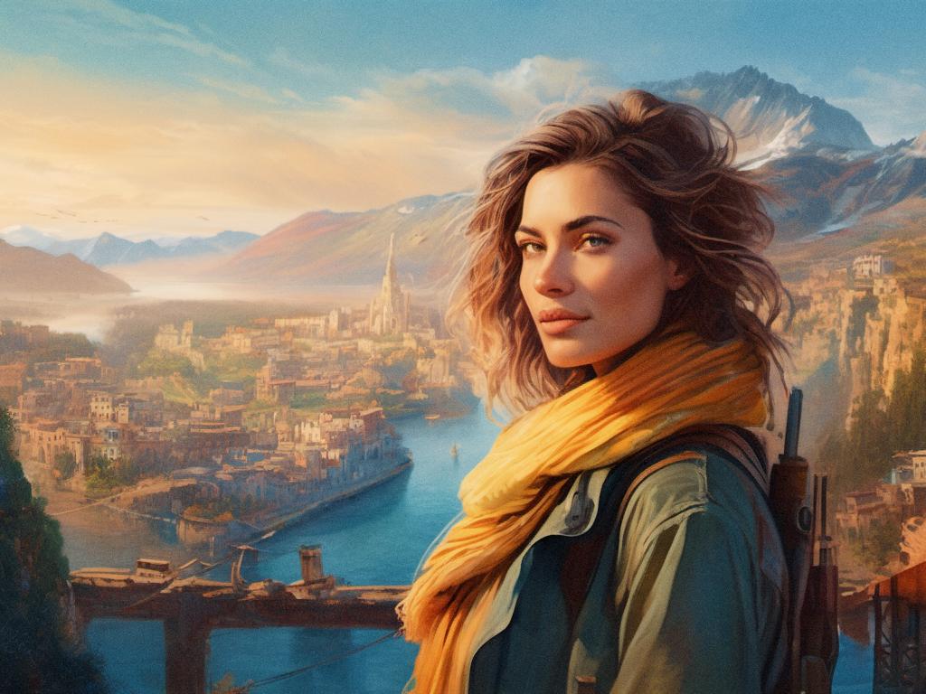 A curly-haired woman in a vibrant yellow scarf exudes confidence against a golden-lit backdrop of river, city, and mountains. Her organized backpack and vintage laptop bag add urban-chic flair.