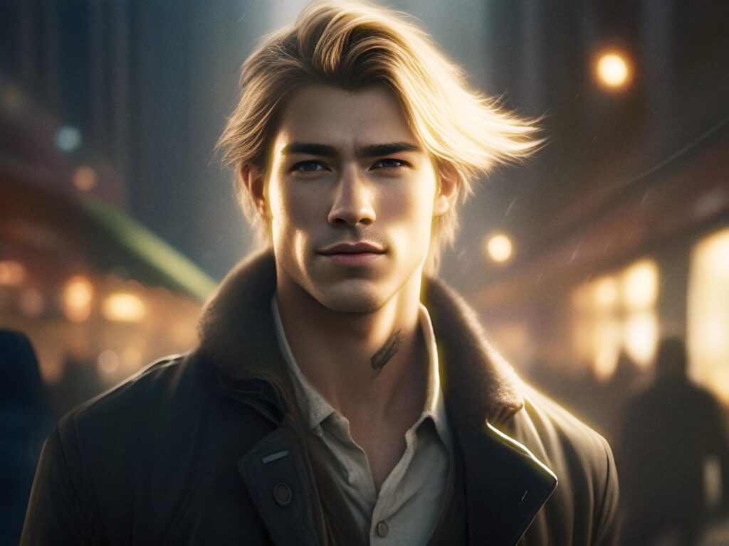 A stylish young man with light blonde hair and a slight smile stands against a softly blurred nighttime cityscape. Sporting a collared shirt, jacket, and Convertible Backpack, his hair blows gently in the breeze—capturing a modern urban look.