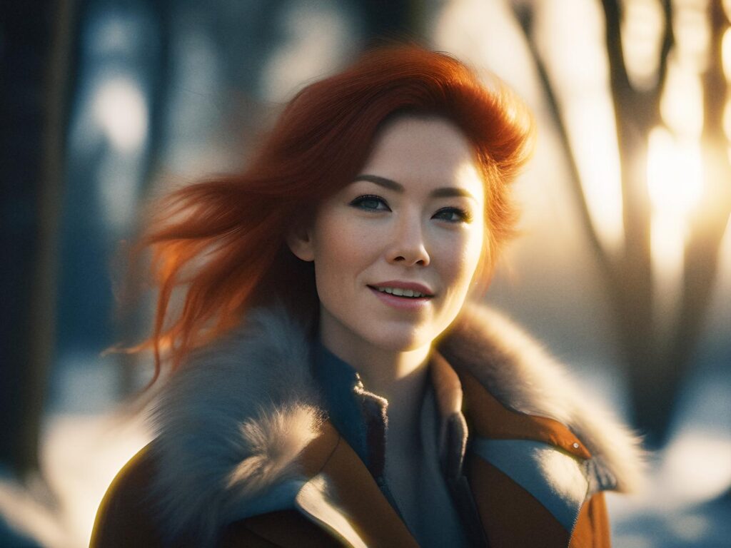 A red-haired individual in a chic fur-collared coat and stylish ECOSUSI backpack, smiles warmly in a serene, sunlit forest setting.