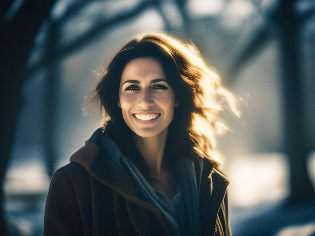 A woman with long, wavy hair and a radiant smile stands outdoors. Her brown coat with a scarf and vegan leather backpack exude winter chic. Soft sunlight accentuates her style, glowing warmly against the snowy backdrop.