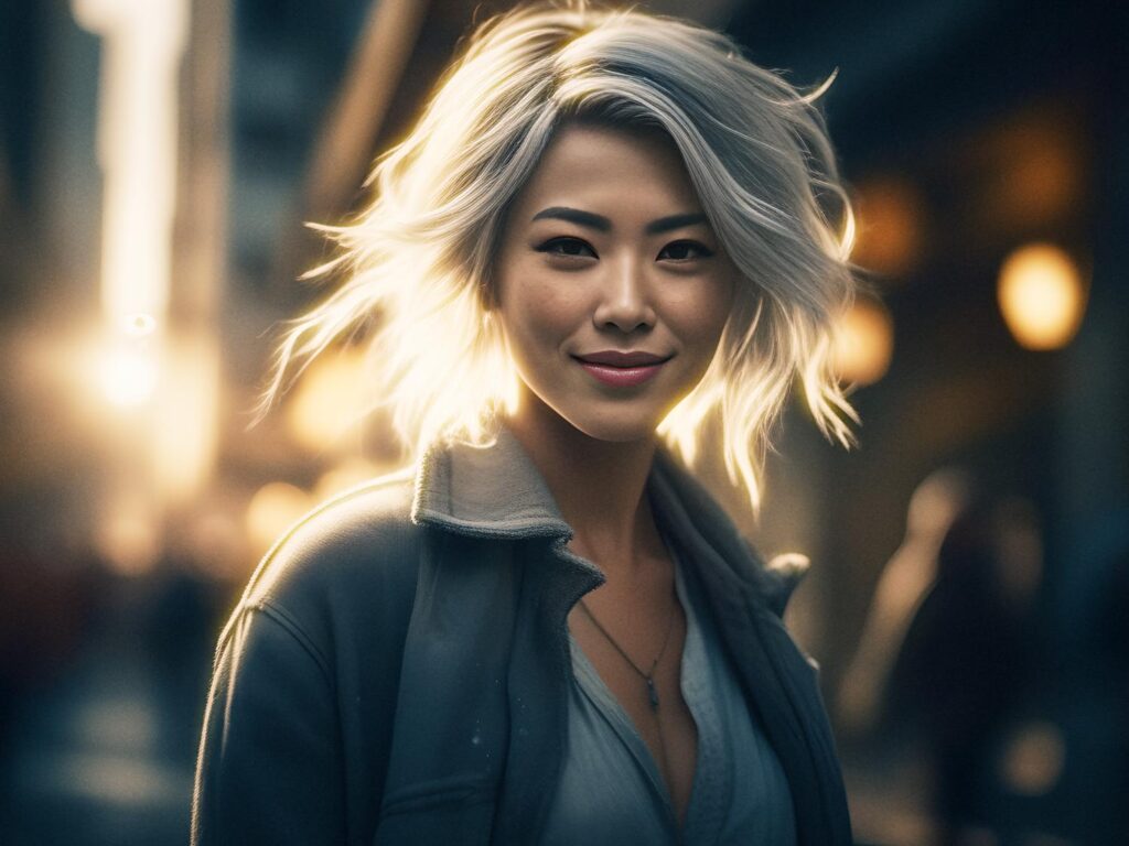 A stylish individual with chic, tousled white hair beams warmly, donning a tailored dark coat over a light top against a sunset-lit city backdrop.