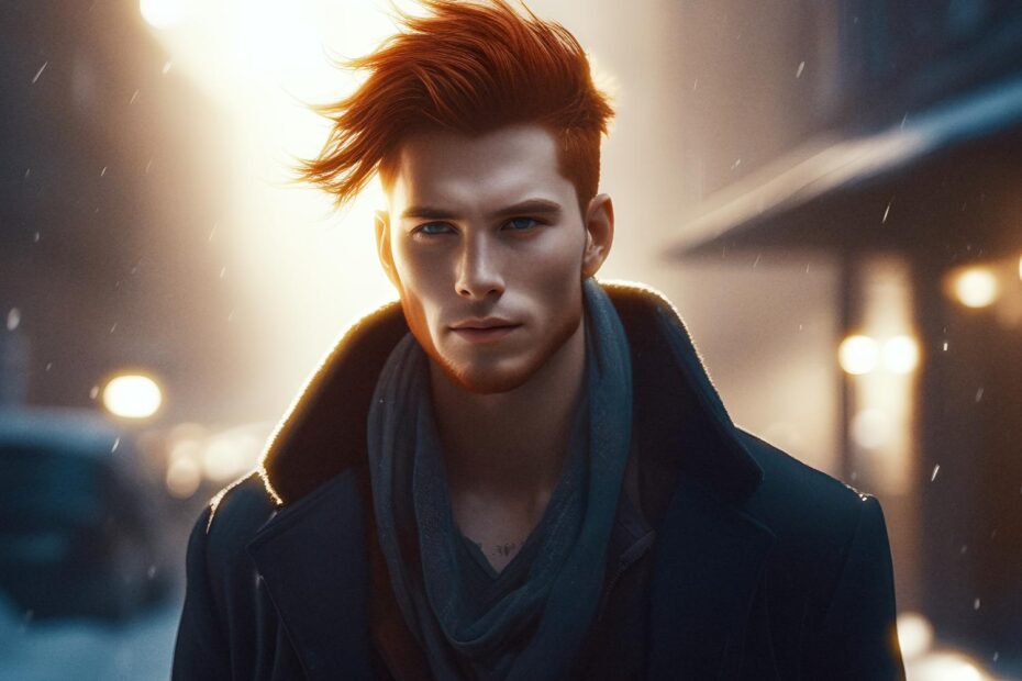 A person with vibrant red hair styled upward and a short beard, draped in a dark coat and scarf. They stand on a dimly lit street with blurred hints of falling snow and glowing streetlights, creating a moody atmosphere and highlighting their unique style.