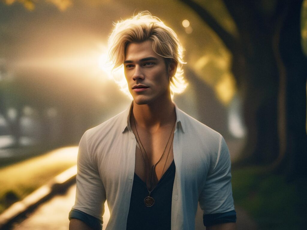 Young man with tousled blonde hair, bathed in golden sunlight, dons a rebel-chic look: white open shirt, dark top, pendant necklace—effortlessly cool.
