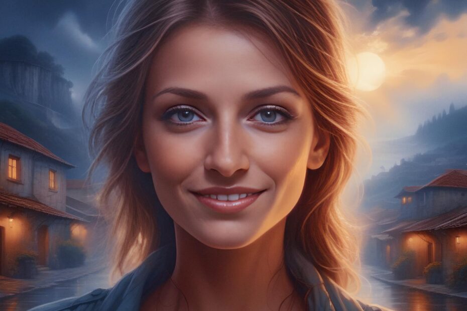 A woman with long, wavy hair smiles softly, illuminated by the moon over a serene village. Her New Year's attire adds a stylish touch to the tranquil night.