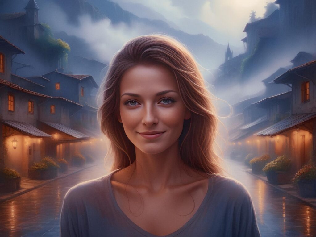 A chic woman with flowing hair graces a misty village street, embracing serene stone architecture under warm, ethereal lighting. #FashionInNature