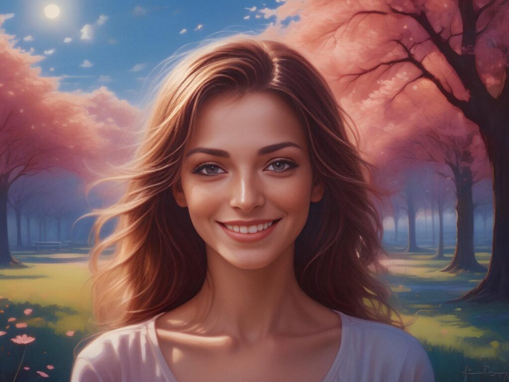 A joyful woman with flowing hair and radiant smile stands in a sunlit park, adorned by pink blossoms. Nature as the perfect accessory.