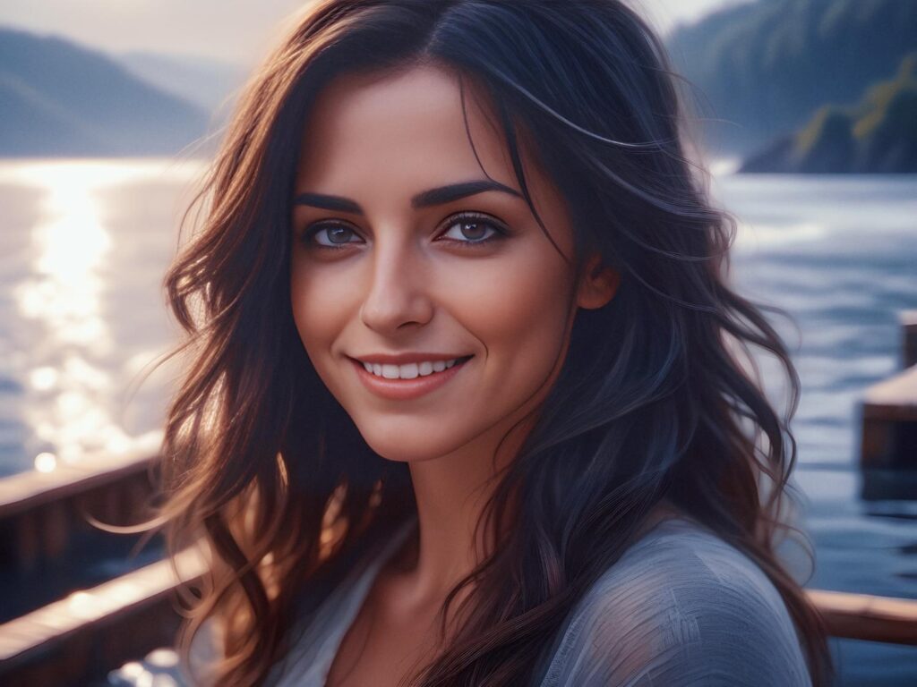 A young woman with long, wavy hair and a radiant smile stands by a serene lake. Embrace natural beauty and tranquility in your style this season.