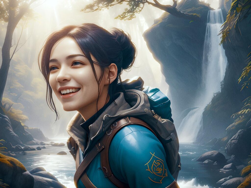 A young woman exudes confidence in a rebel-chic blue jacket with patches, backpack slung, standing before a serene waterfall under lush trees. #ForestFashion