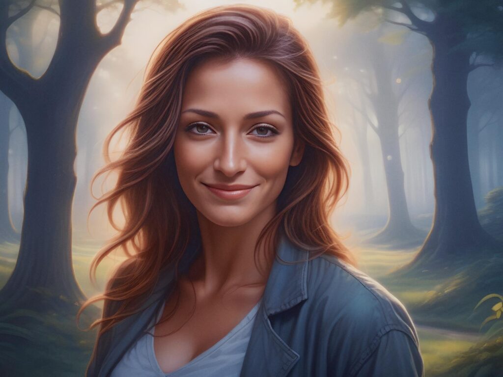 A woman with long brown hair smiles in a sunlit forest, wearing a chic casual jacket and white shirt, blending style with nature's serenity.