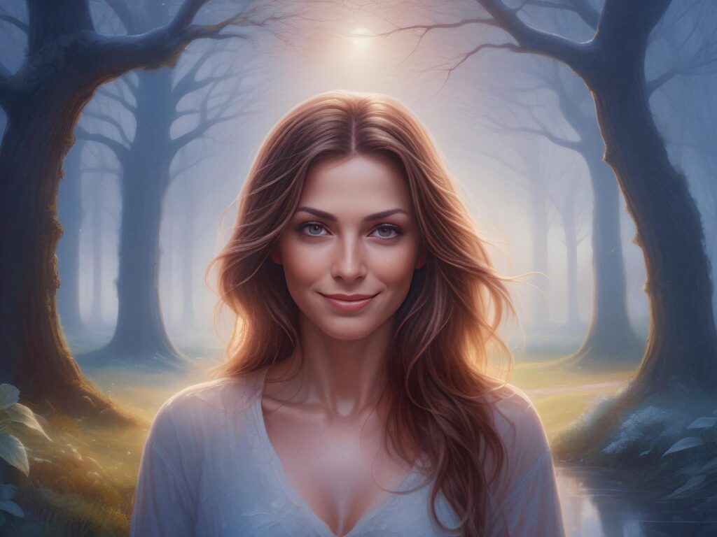 A painting of a beautiful woman in a forest.