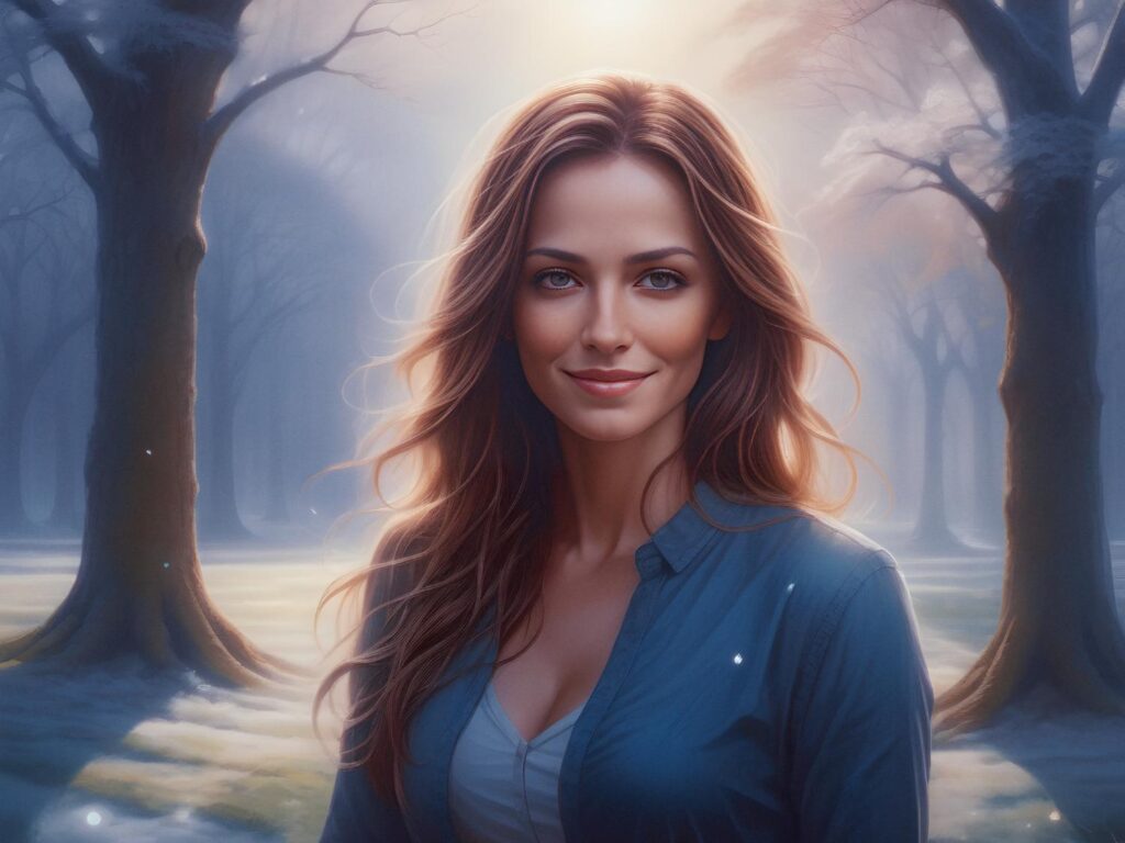 A woman with long, wavy hair and a serene smile stands in a mystical forest bathed in soft sunlight. Her stylish blue shirt and white top exude seasonal elegance, perfectly complementing the dreamy, ethereal atmosphere.