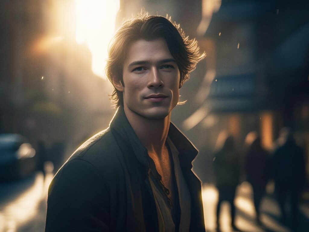 A chic individual with medium, windswept hair glows in dusk's backlight, showcasing elegant, sustainable fashion on a dreamy city street. Blurred urban backdrop.