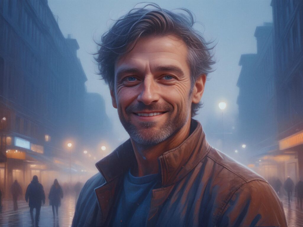 A bearded man with wavy hair exudes urban style in a brown jacket and blue shirt, set against a foggy city street's soft streetlights.