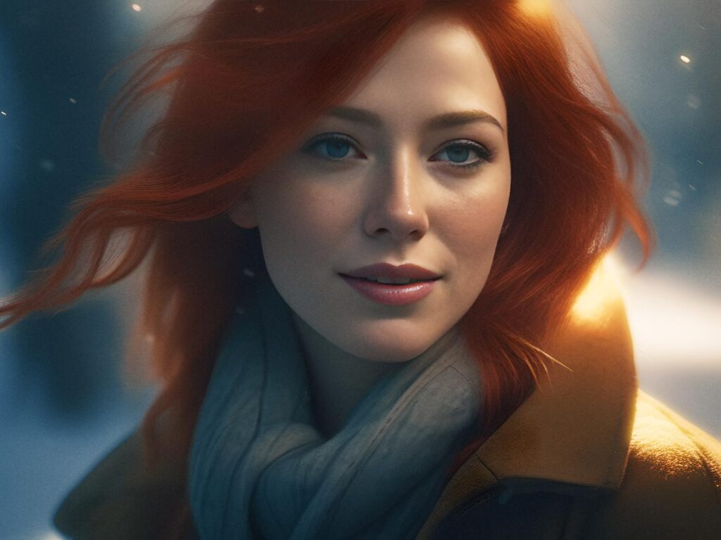 A young woman with flowing red hair and a chic scarf smiles gently at the camera amidst softly falling snow—winter fashion at its finest.