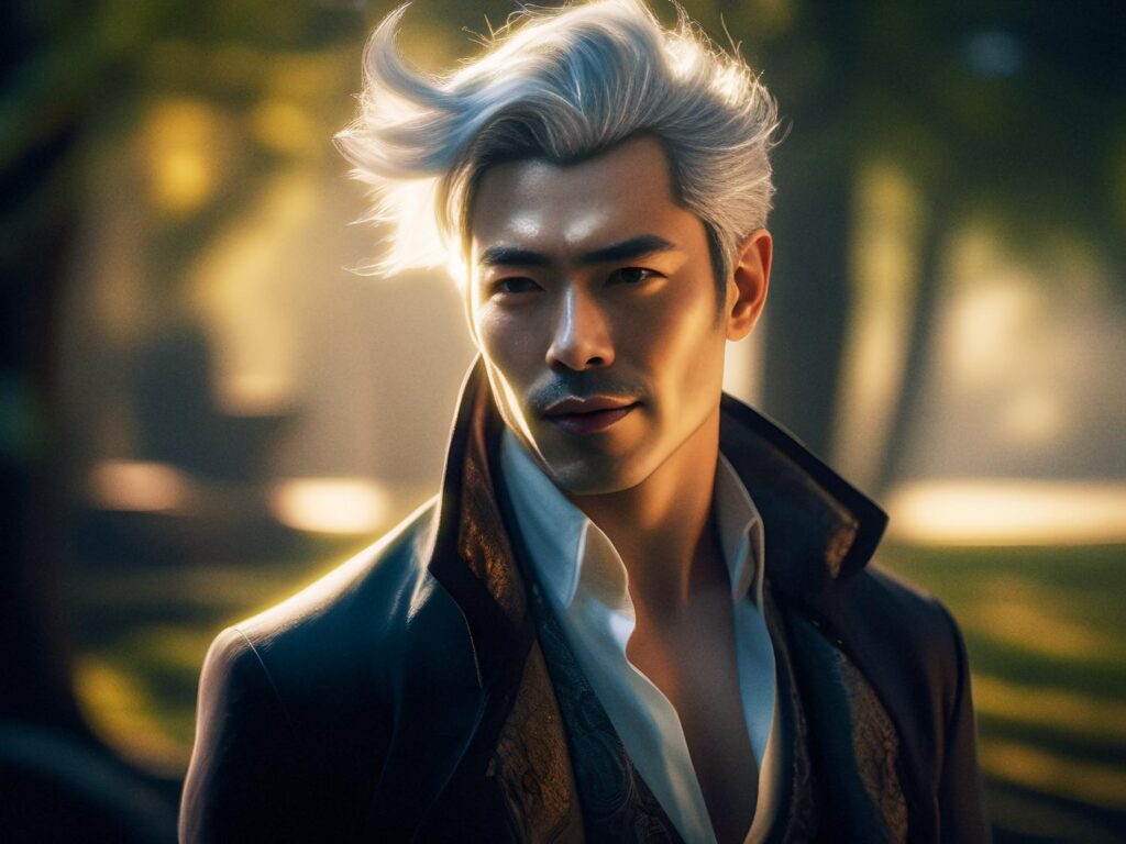 Close-up of a silver-haired man in rebel chic: dark open-collared jacket, white shirt, and vest. Sunlit background with glowing greenery.