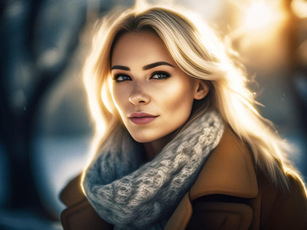 A woman with long, blonde hair stands outdoors in a glowing winter scene, wearing a gray knitted scarf and a brown coat from an ethical fashion line.