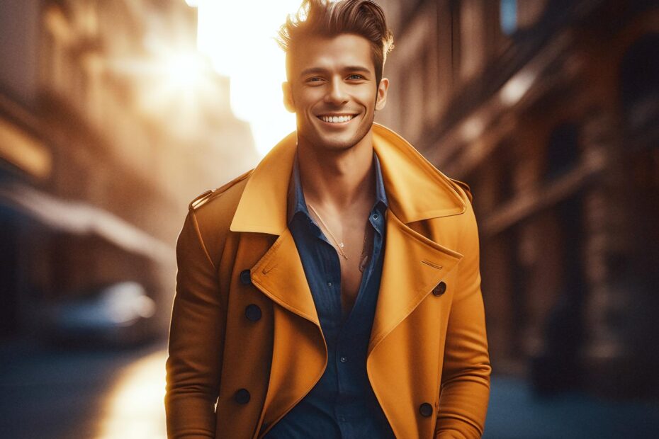 A vibrant city street glows as a person with styled hair rocks a mustard-yellow coat over a dark blue shirt. Sunlit and effortlessly rebellious. 🌞 #FashionRebel