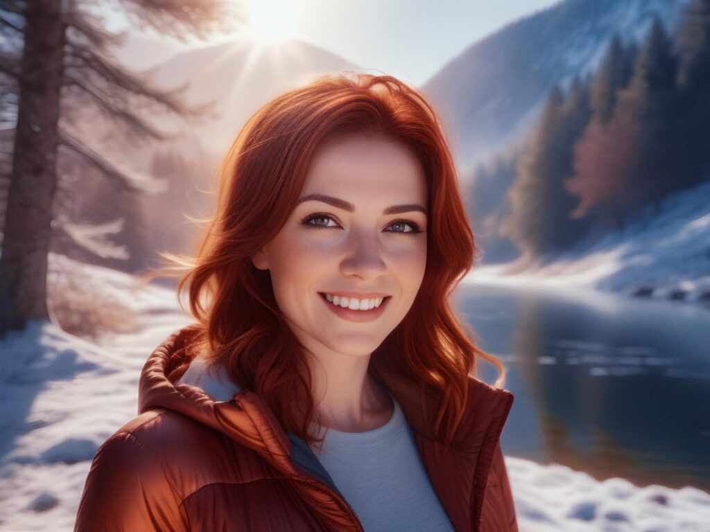 A red-haired woman in a vibrant red jacket smiles warmly, set against a snowy mountain landscape with a bright sun glow; winter fashion bliss.
