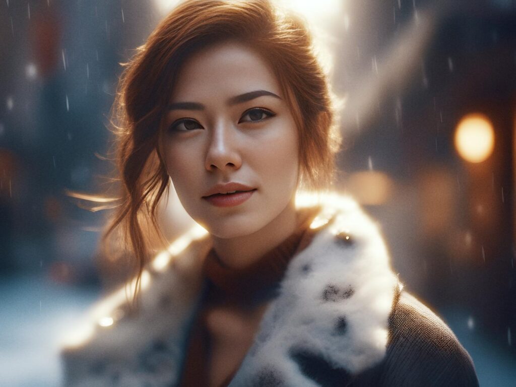 A woman with light brown hair stands outdoors in the snow, donning a chic fur-collared coat. Snowflakes fall gently around her, creating a serene winter backdrop. #WinterFashion #ElegantStyle