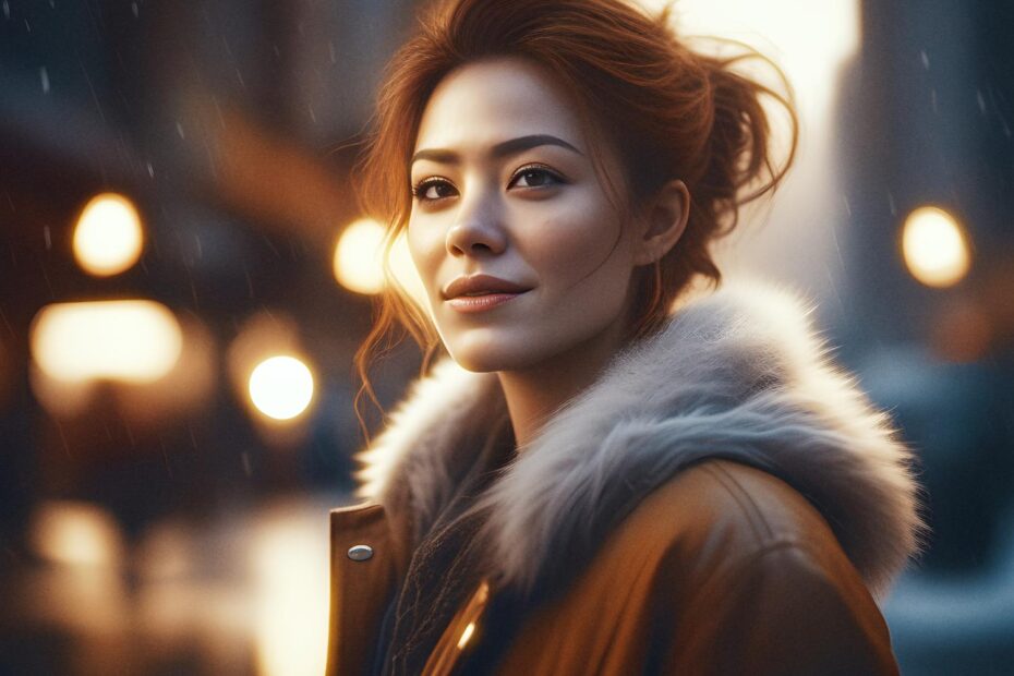 A woman with a warm smile and reddish-brown hair tied back stands outdoors in the evening. She wears a fashionable brown trench coat with a fur collar. Soft, glowing lights and blurred buildings in the background create a cozy ambiance. Snowflakes can be seen falling gently.