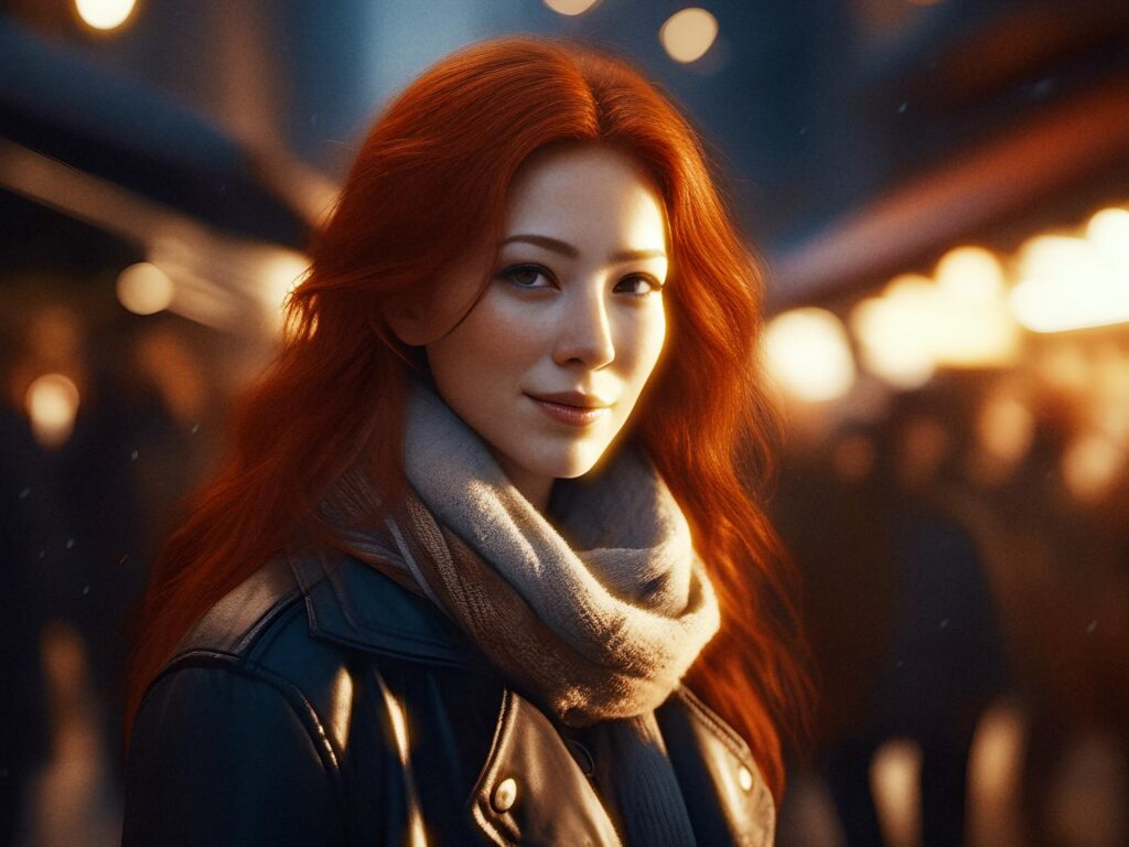 A woman with flowing red hair and fair skin rocks a dark leather jacket and gray scarf, exuding cool confidence in an urban night setting.