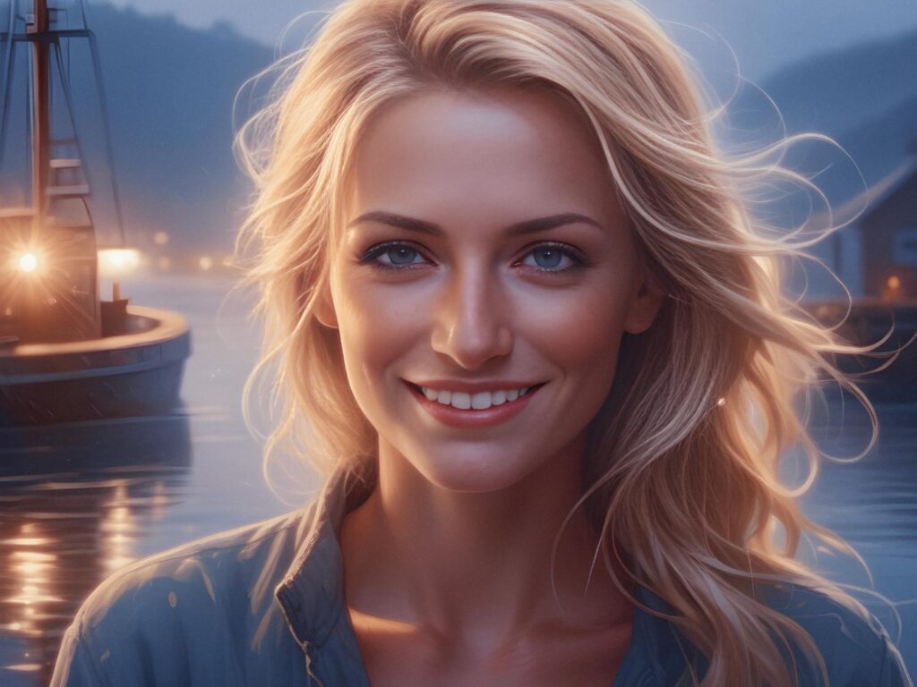 A portrait of a blonde woman in front of a boat.
