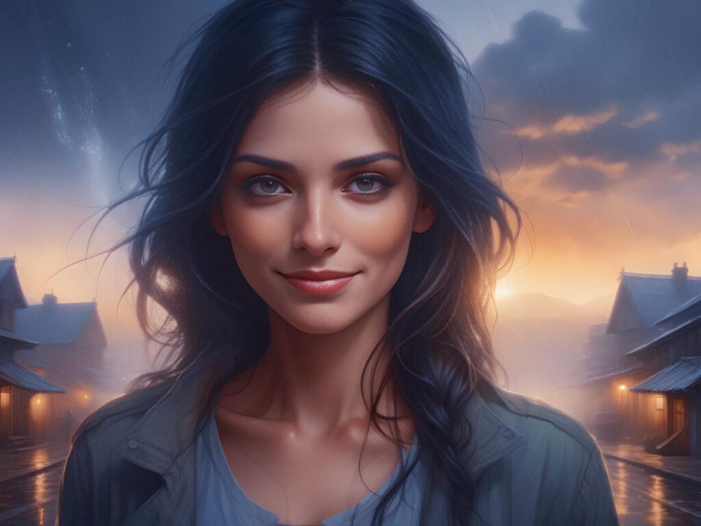 A woman with long dark hair stands stylishly in a misty village at dusk, her silhouette enhanced by soft light and colorful clouds.
