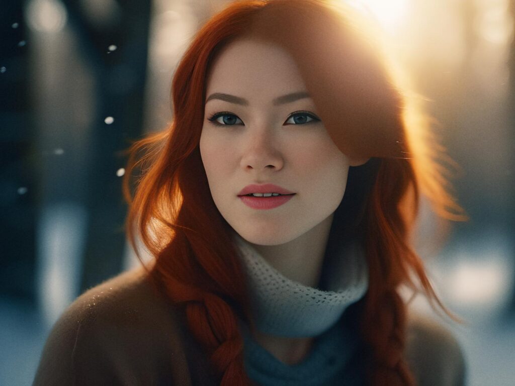 A woman with long red hair in braids stands in a snow-covered forest, donning a chic trench coat and scarf. Sunlight filters through trees, casting a warm glow as snowflakes fall gracefully.