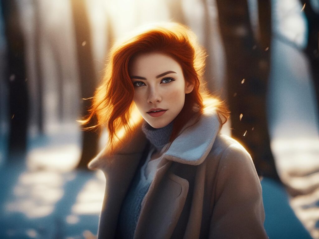 A woman with vibrant red hair stands in a snowy forest. Her stylish light brown coat and waterproof suede boots shine in the setting sun's warm glow.