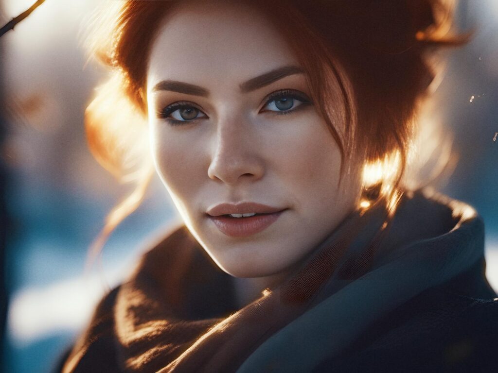 A striking close-up: radiant red hair, piercing blue eyes bathed in sunlight. Dark scarf and trench coat exude modern elegance against an outdoor blur.