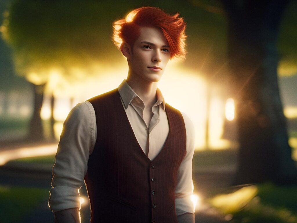 A stylish individual with vibrant red hair stands in a sunlit park, wearing a formal white shirt, brown vest, and trendy waterproof suede boots. A glowing sunset and trees set the backdrop.
