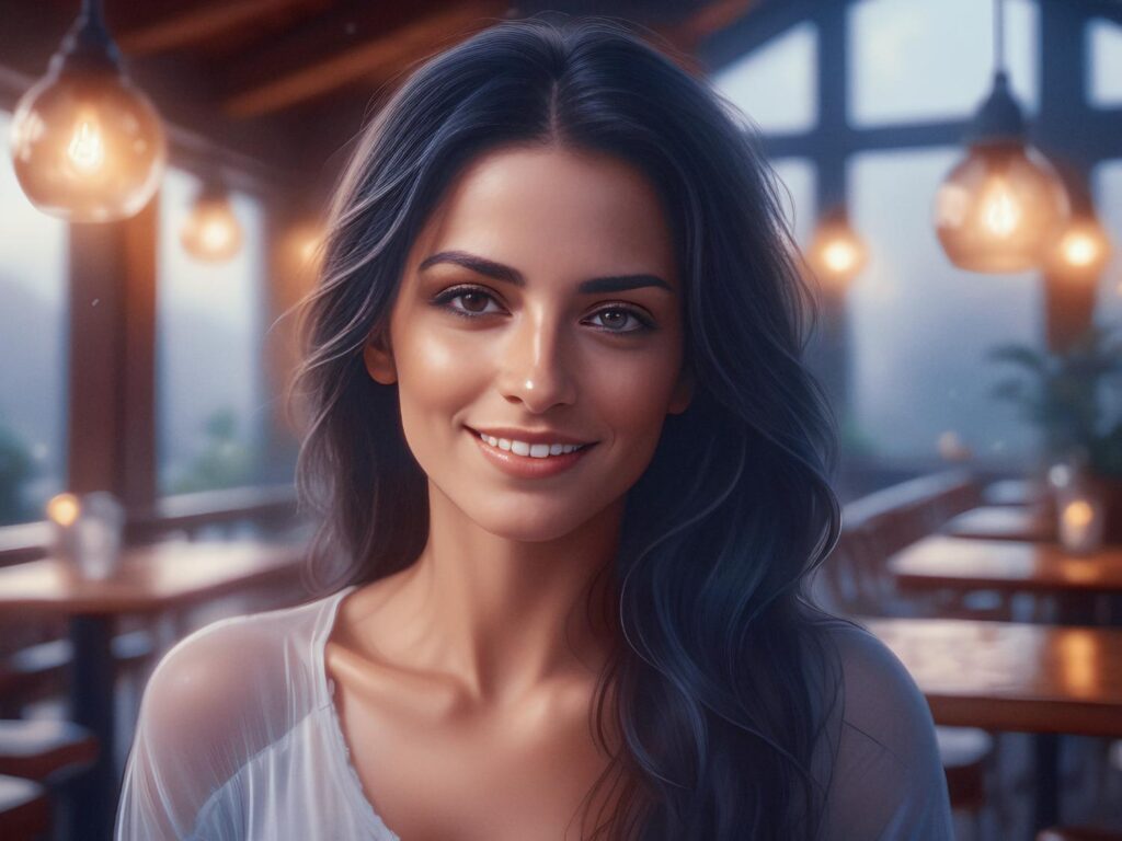 A woman with long dark hair, elegantly styled, smiles warmly in a cozy cafe adorned with wooden tables and trendy hanging lights.