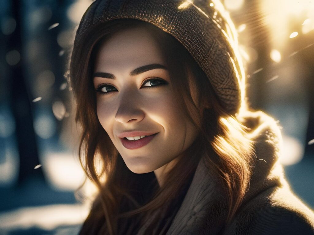 A woman with medium-length brown hair, adorned in a knitted hat and stylish coat, smiles warmly as snowflakes fall in a serene forest lit by soft sunlight—an elegant embrace of winter fashion and ethical style.
