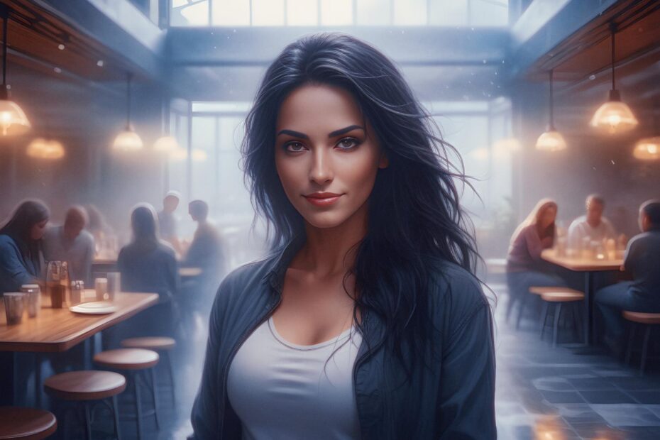 A woman with long dark hair exudes confidence in a chic cafe, where warm lights and fashionably attired patrons create a cozy ambiance.