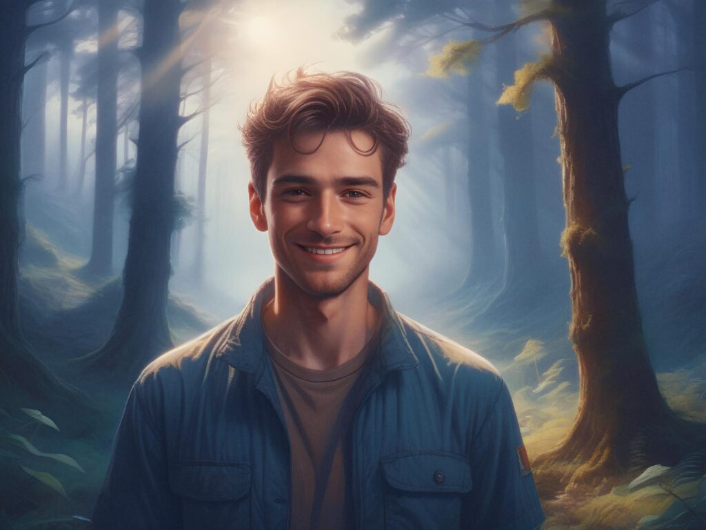 A portrait of a young man in the woods.