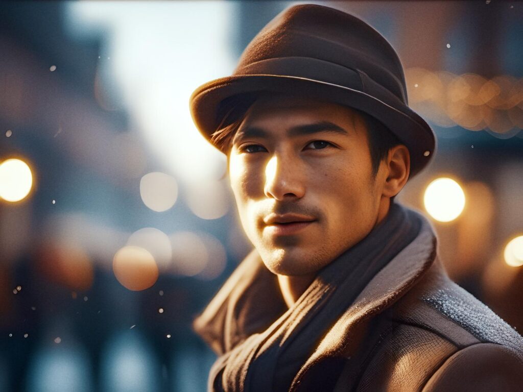 A chic individual in a trendy hat and scarf smiles softly at the camera. Bokeh lights and gentle snowfall accentuate this urban winter fashion moment.